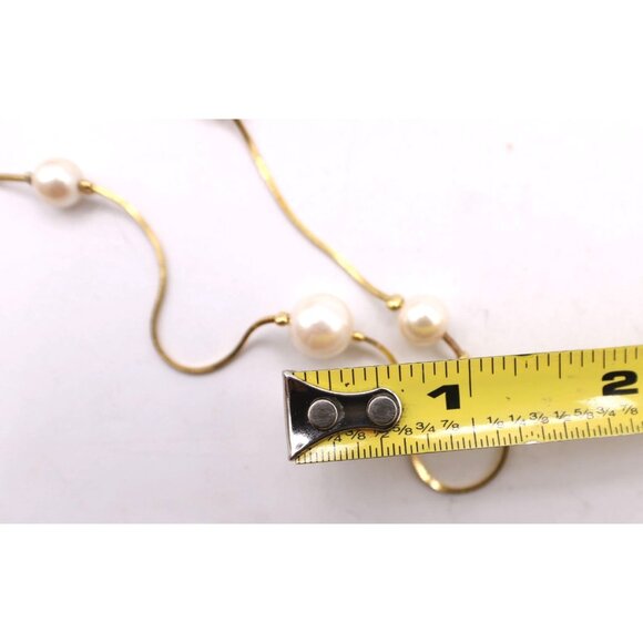 Dainty Gold-Tone Faux Pearl Station Necklace Vintage Delicate 24" Snake Chain - Picture 9 of 10